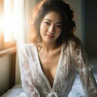 asian gril in lace dress Radiating natural beauty in the early morning AI Generative photo