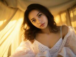 asian gril in lace dress Radiating natural beauty in the early morning AI Generative photo