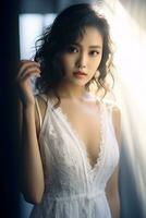 asian gril in lace dress Radiating natural beauty in the early morning AI Generative photo