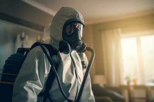 Technician in protective gear inspecting a residential property for pests, conveying professionalism and expertise in the disinfestation industry. Generative Ai photo