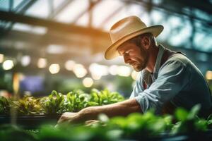 un granjero trabajando en un invernadero lleno con próspero plantas, enfatizando el todo el año productividad y innovación en moderno agricultura métodos. generativo ai foto