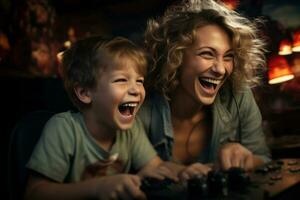 Happy mother and son play video games in living room. Generative Ai photo