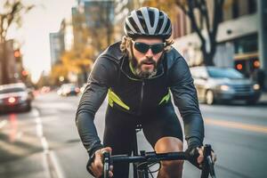 Cyclist with a fierce expression, emphasizing their love for the sport and inspiring viewers to embrace cycling as a way to pursue their passions. Generative photo