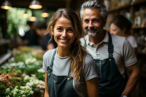 Advertising photo of flower shop staff posing and smiling at camera. Generative AI