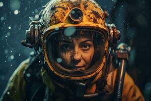 mujer escafandra autónoma buceo en el profundo océano, explorador un submarino naufragio y revelador el sentido de aventuras y exploración. generativo ai foto