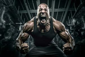 An energetic photo of a bodybuilder engaging in a high-intensity workout, capturing their raw power and determination. Generative Ai