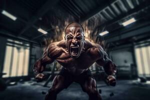 An energetic photo of a bodybuilder engaging in a high-intensity workout, capturing their raw power and determination. Generative Ai