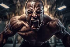 An energetic photo of a bodybuilder engaging in a high-intensity workout, capturing their raw power and determination. Generative Ai