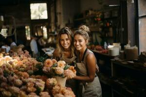 Advertising photo of flower shop staff posing and smiling at camera. Generative AI