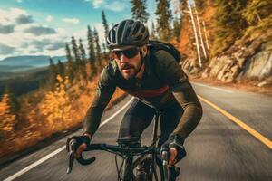 Cyclist riding through a scenic landscape, emphasizing the freedom, adventure, and the spirit of exploration that cycling offers. Generative AI photo