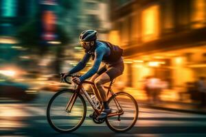 Cyclist in motion, symbolizing the drive to achieve goals and promoting the idea of success through cycling. Generative Ai photo