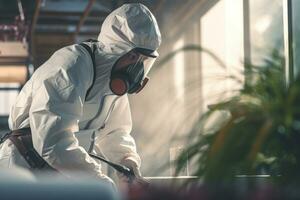 Technician in protective gear inspecting a residential property for pests, conveying professionalism and expertise in the disinfestation industry. Generative Ai photo