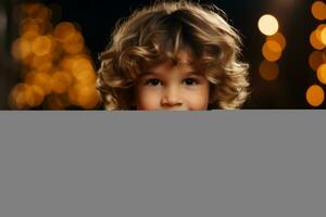 Child holding Christmas candle in front christmas tree. Concept december holidays. Generative Ai photo