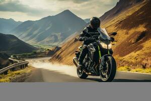 An image of a rider taking a motorcycle through a scenic mountain road, showcasing the harmony between man, machine, and nature. photo