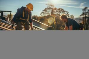 Skilled workers affixing solar panels onto a rooftop, showcasing a commitment to sustainable energy solutions. Generative AI photo