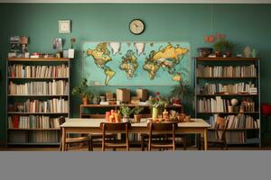 An unoccupied language classroom with maps, whiteboards, and foreign language books, evoking a sense of cultural exploration. Generative Ai photo