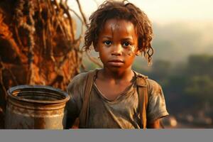 Depicting a african child carrying a bucket of clean water from a newly installed well, illustrating the impact of access to basic necessities. Generative AI photo