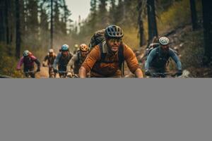 A group of cyclists riding together, exploring diverse terrains, and promoting the camaraderie and social aspect of cycling adventures. Generative Ai photo