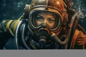Woman scuba diving in the deep ocean, exploring an underwater shipwreck and revealing the sense of adventure and exploration. Generative AI photo