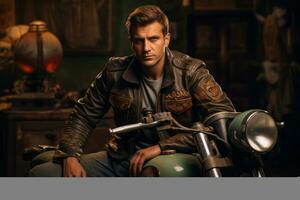 A motorcycle rider captured in front of a retro backdrop, capturing the timeless appeal and nostalgia associated with classic bikes. Generative Ai photo