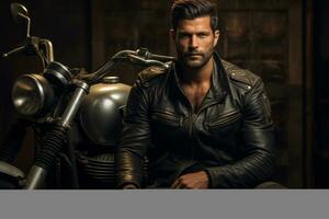 A motorcycle rider captured in front of a retro backdrop, capturing the timeless appeal and nostalgia associated with classic bikes. Generative Ai photo