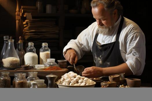 Baker carefully measuring and weighing ingredients for the perfect recipe. Generative Ai photo