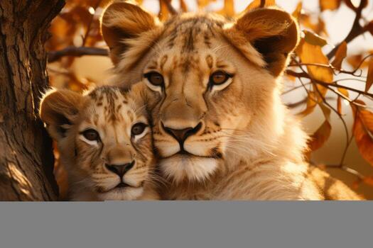 un hembra león con su hijo descansando en un árbol. generativo ai foto
