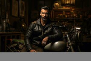 A motorcycle rider captured in front of a retro backdrop, capturing the timeless appeal and nostalgia associated with classic bikes. Generative Ai photo