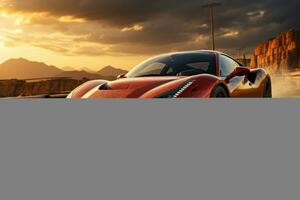 A futuristic sleek sports car racing down an empty highway at sunset, showcasing the thrill of high-speed driving. Generative AI photo