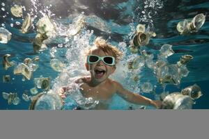 Little kid enjoy in the swimming pool filled with money in the hot summer sunny day. Generative Ai photo