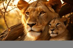 A female lion with her son resting in a tree. Generative Ai photo