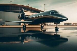 A luxury private jet waiting for take off. Luxury tourism and business travel transportation concept. Generative AI photo