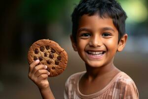 un niño participación un Galleta con un grande sonrisa en su rostro, exhibiendo el alegría y emoción ese viene con disfrutando un delicioso tratar. generativo ai foto