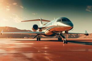 A luxury private jet waiting for take off. Luxury tourism and business travel transportation concept. Generative AI photo