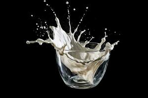 An image of a glass of milk being poured with a dramatic splash, captured in mid-air, against a black background. Generative Ai photo