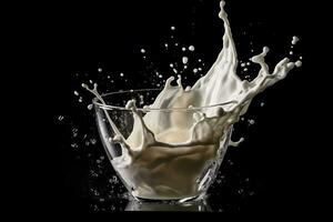 An image of a glass of milk being poured with a dramatic splash, captured in mid-air, against a black background. Generative Ai photo