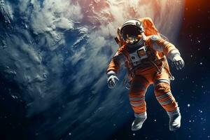 astronauta admirativo el belleza de tierra mientras flotante en espacio. generativo ai foto