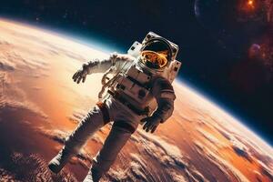 astronauta admirativo el belleza de tierra mientras flotante en espacio. generativo ai foto