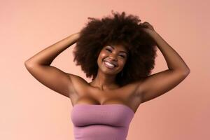 Happy body positive female posing in studio shot. Pastel color background. Generative AI photo