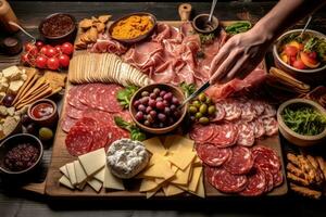 Image capturing the process of assembling a charcuterie platter, with the skilled hands of a chef arranging slices of salami and cheese alongside complementary ingredients. Generative Ai photo