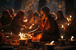 A group of Buddhist devotees engaging in a traditional ceremony, showcasing the spiritual practices and rituals of Buddhism. Generative AI photo