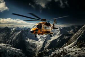 Helicopter hovering over snow-covered mountains during a daring winter rescue mission, showcasing the importance of timely and efficient emergency response. Generative Ai photo