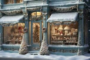 A charming storefront with frost-covered windows, showcasing a variety of beautifully arranged Christmas decorations, enticing passersby with holiday spirit. Generative AI photo