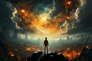 A surreal picture of a person standing on a cliff, arms outstretched, embracing the vastness of the universe and symbolizing the limitless potential of the soul. Generative AI photo