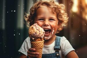 Childs hands holding a dripping ice cream cone with a big smile, evoking pure delight and capturing the simple joy of indulging in ice cream. Selective focus on ice cream. Generative Ai photo