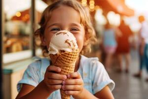 Childs hands holding a dripping ice cream cone with a big smile, evoking pure delight and capturing the simple joy of indulging in ice cream. Selective focus on ice cream. Generative Ai photo
