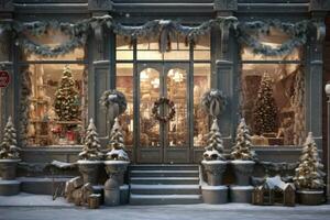 A charming storefront with frost-covered windows, showcasing a variety of beautifully arranged Christmas decorations, enticing passersby with holiday spirit. Generative AI photo