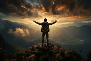 A surreal picture of a person standing on a cliff, arms outstretched, embracing the vastness of the universe and symbolizing the limitless potential of the soul. Generative AI photo