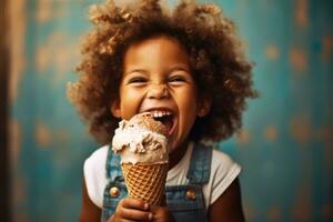 Childs hands holding a dripping ice cream cone with a big smile, evoking pure delight and capturing the simple joy of indulging in ice cream. Selective focus on ice cream. Generative Ai photo