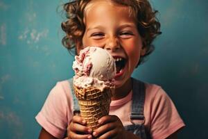 Childs hands holding a dripping ice cream cone with a big smile, evoking pure delight and capturing the simple joy of indulging in ice cream. Selective focus on ice cream. Generative Ai photo